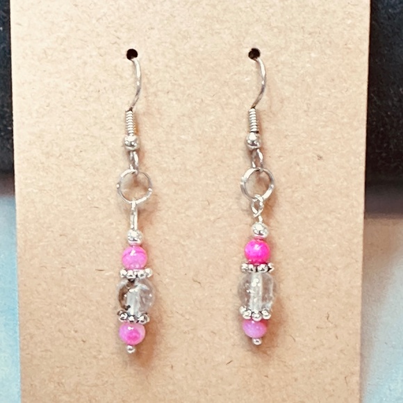 Hand Crafted Jewelry - Stainless Steel Dangle Earrings w/Rutilated Quartz & Crackle Quartz